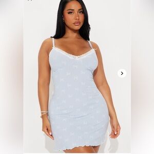 Fashion Nova Blue and White Chemise with Lace Trim